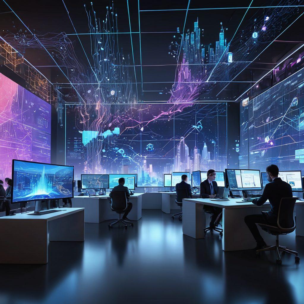 A futuristic digital cityscape with interconnected nodes and flowing data streams, representing cutting-edge web services. People working at holographic interfaces and charts showing impressive growth. Ambient glow of screens and devices enhancing the technological atmosphere. 3D. vibrant colors. super-realistic.