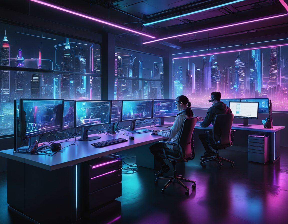 A futuristic digital cityscape with holographic tools and interfaces floating around web developers working at sleek, advanced workstations. Essential tools like code editors, version control icons, and cloud platforms are prominently featured. Neon lights and cyberpunk elements highlight the advanced technology environment. super-realistic. vibrant colors. cyberpunk.