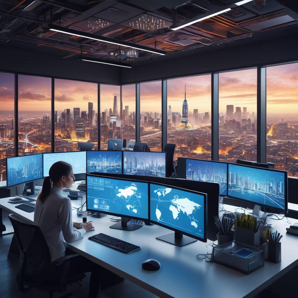 A diverse group of modern developers collaborating at a spacious open-plan workspace, surrounded by high-tech gadgets, multiple screens showing complex code, and sleek UI designs. The background features a cityscape with iconic landmarks, highlighting innovation and connectivity. Vibrant colors, futurist style, 3D render.